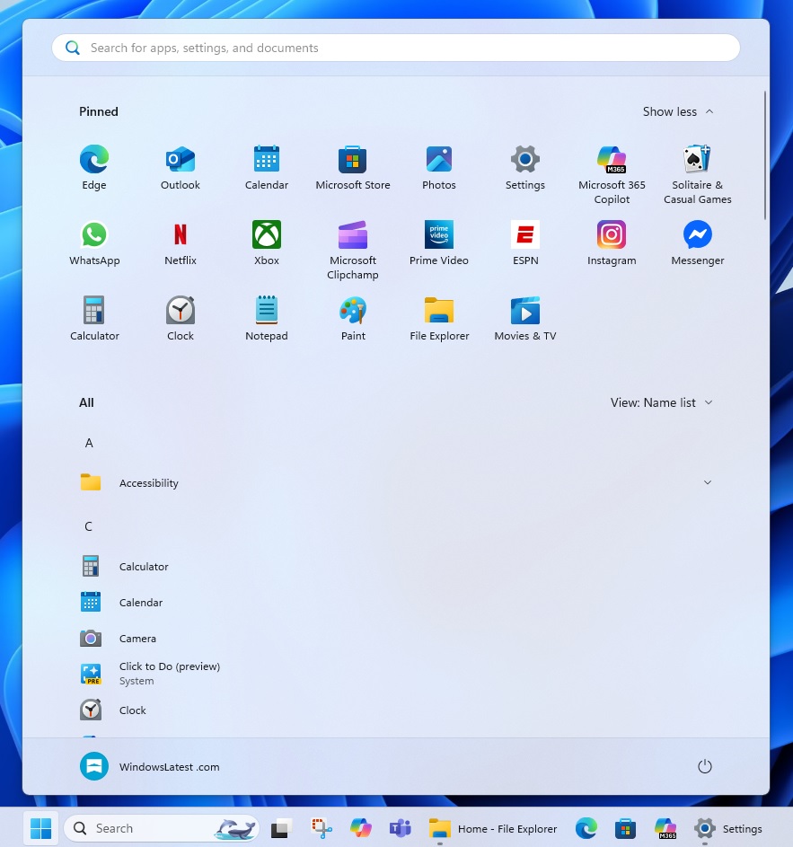 Start menu all apps name list layout