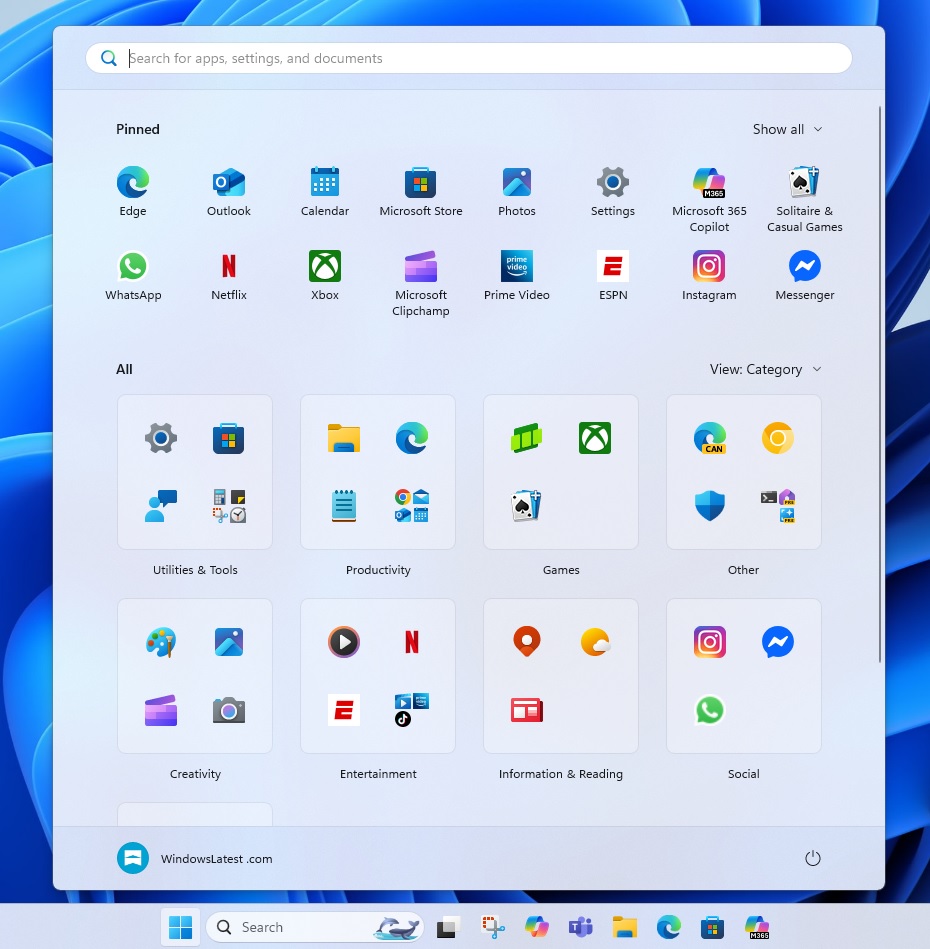 Start menu category layout for all apps