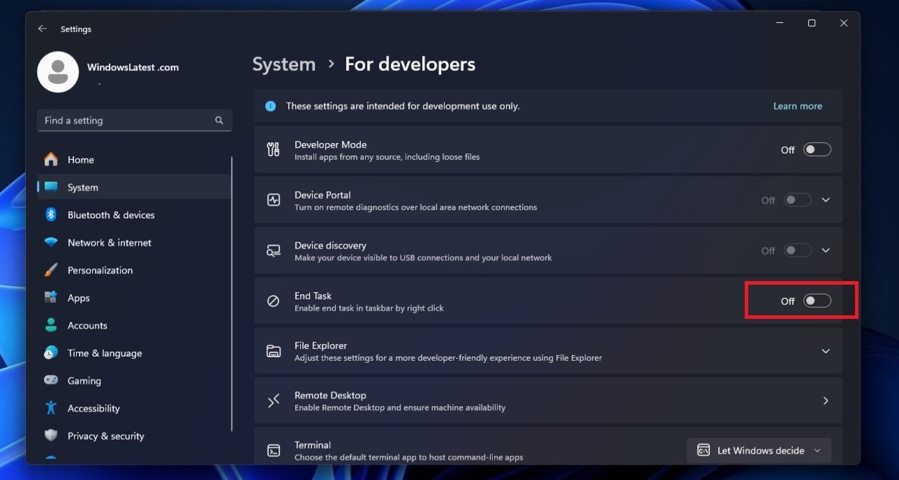 Turn on End Task feature for Taskbar