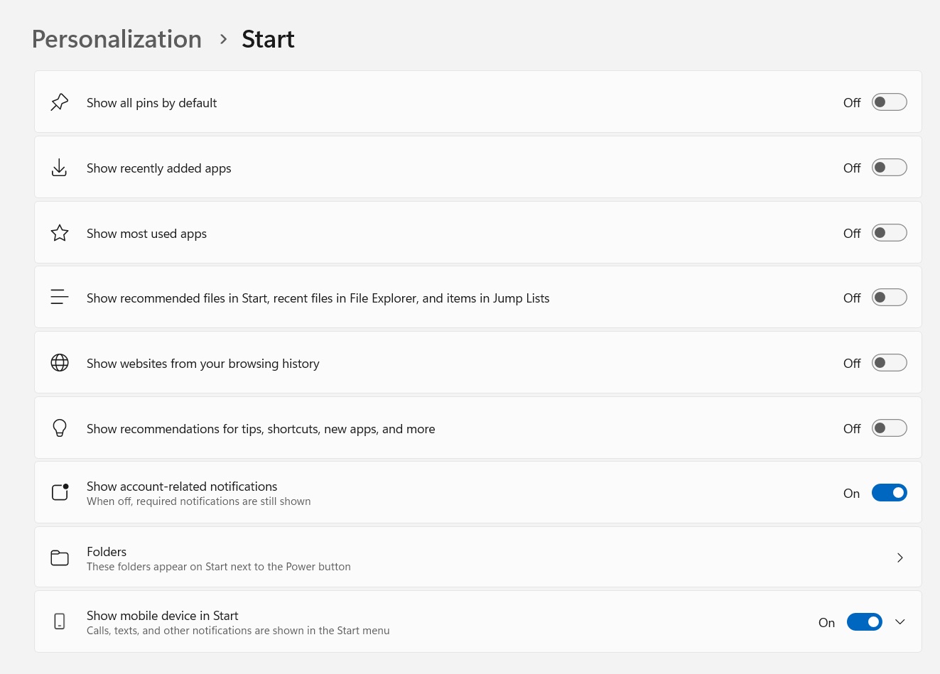 new start menu personalization settings windows 11 24h2