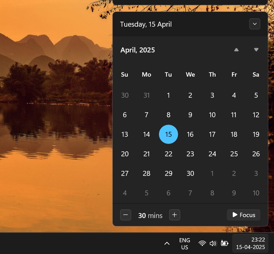 notification center calendar section windows 11 24h2
