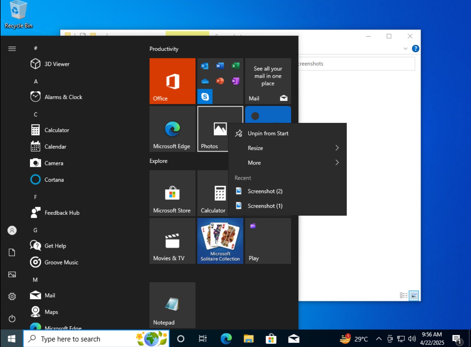 photos app jumplist start menu windows 10