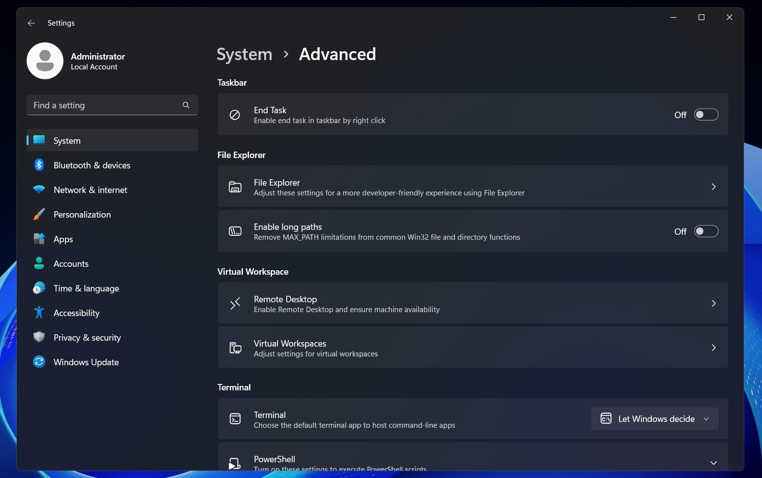 Advanced Settings in Windows 11