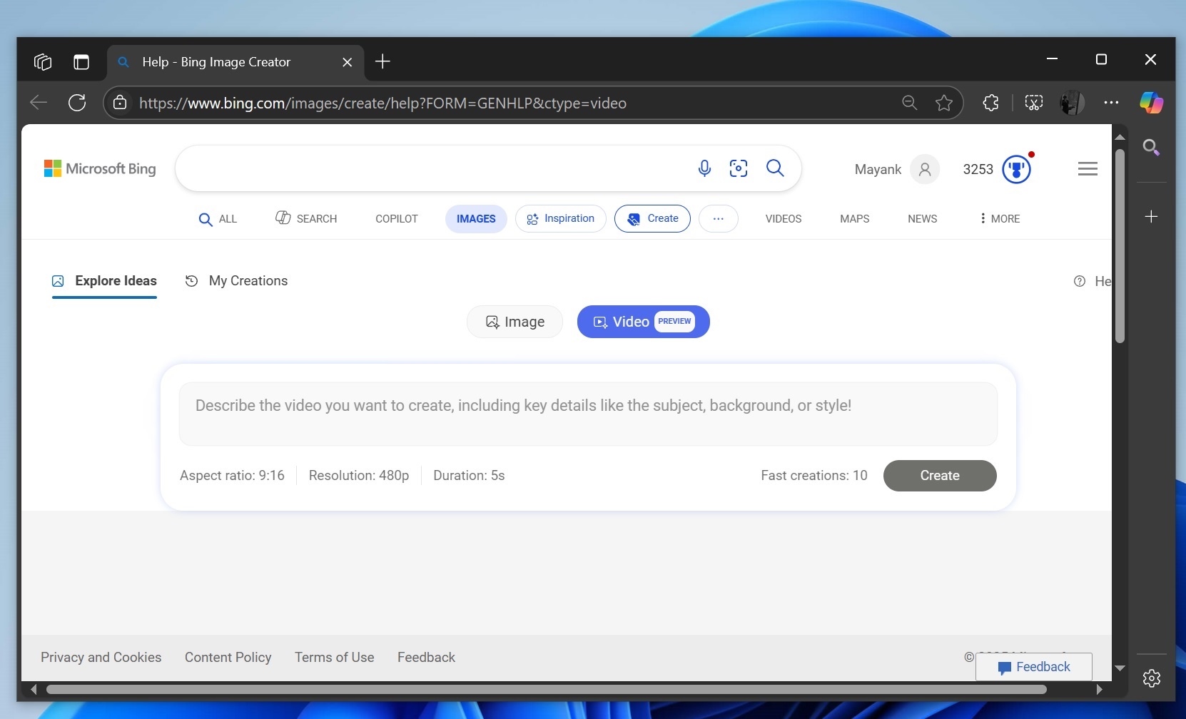 Bing Video Creator Interface