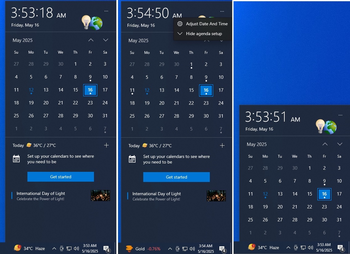 Calendar Flyout New UX on Windows 10