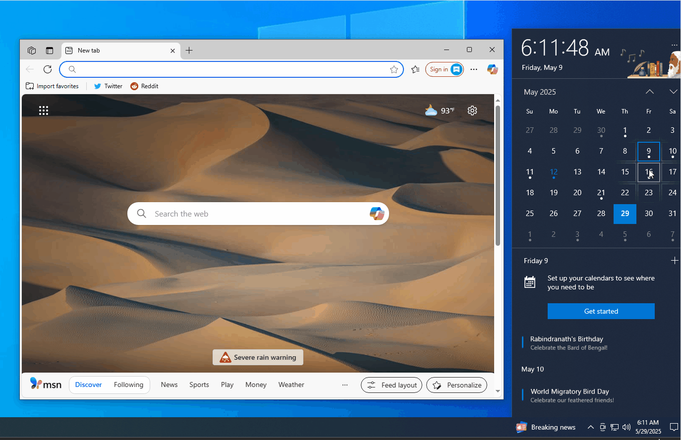 Calendar Flyout UI sends to Bing