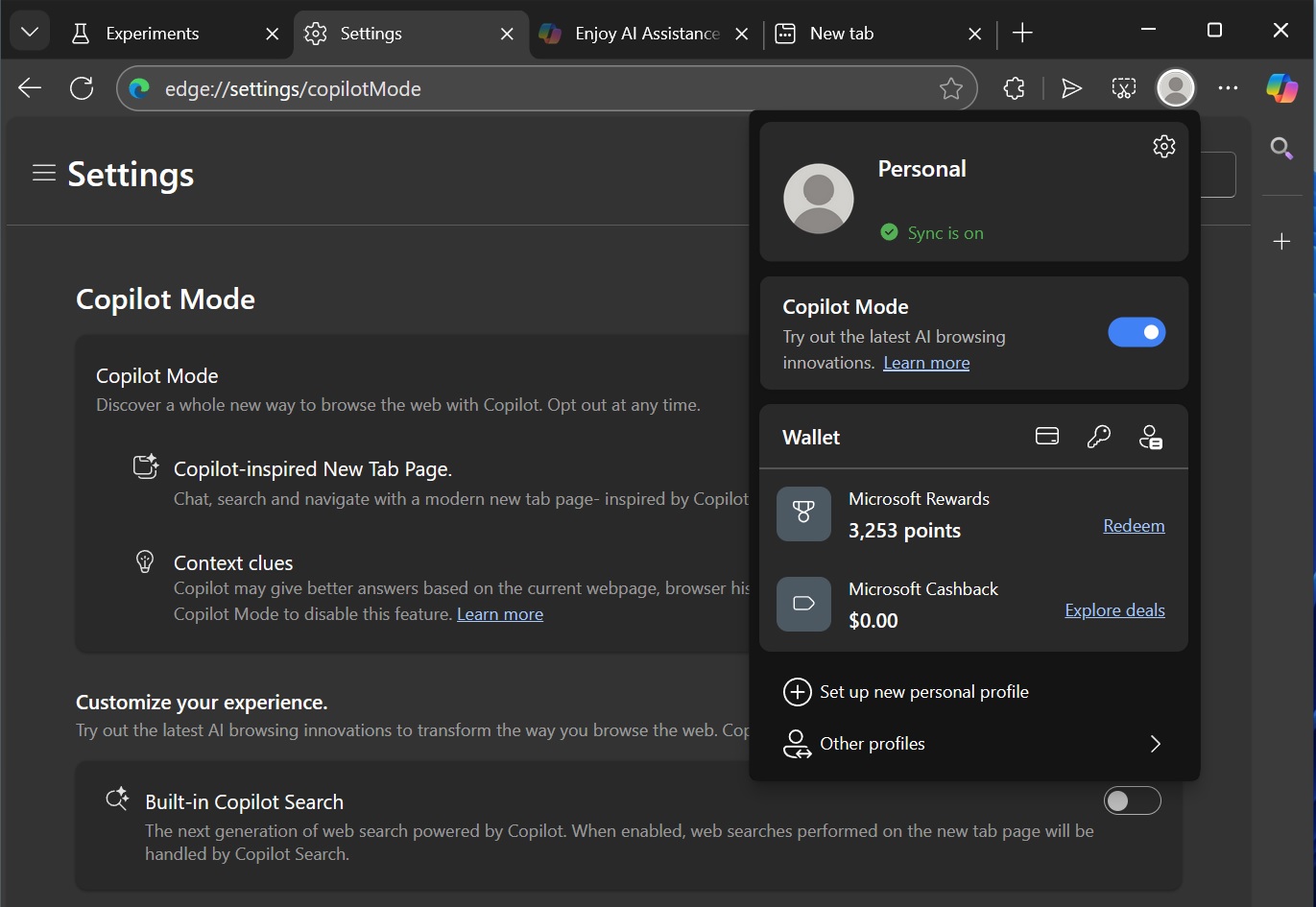 Copilot mode in Microsoft Edge