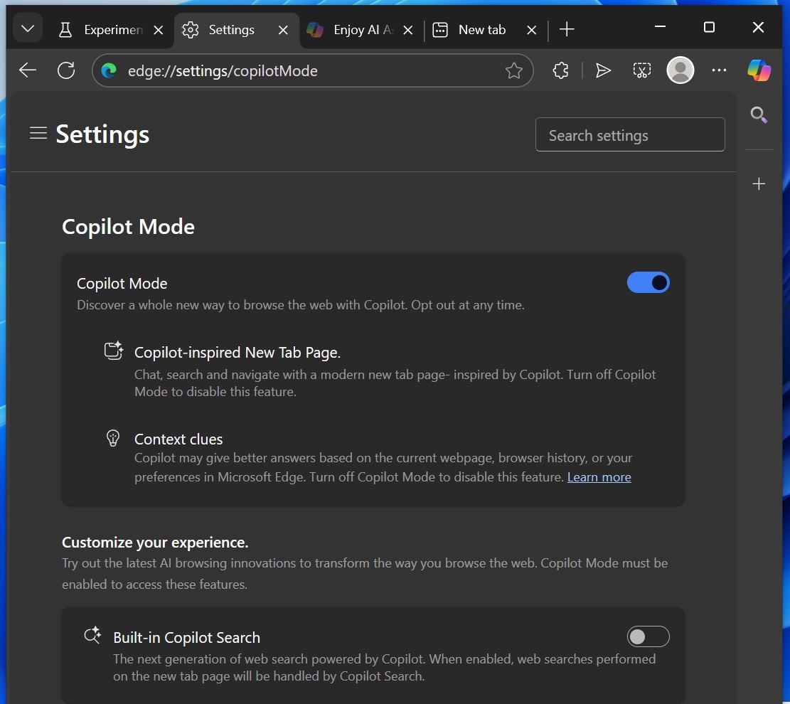 Copilot mode settings in Microsoft Edge