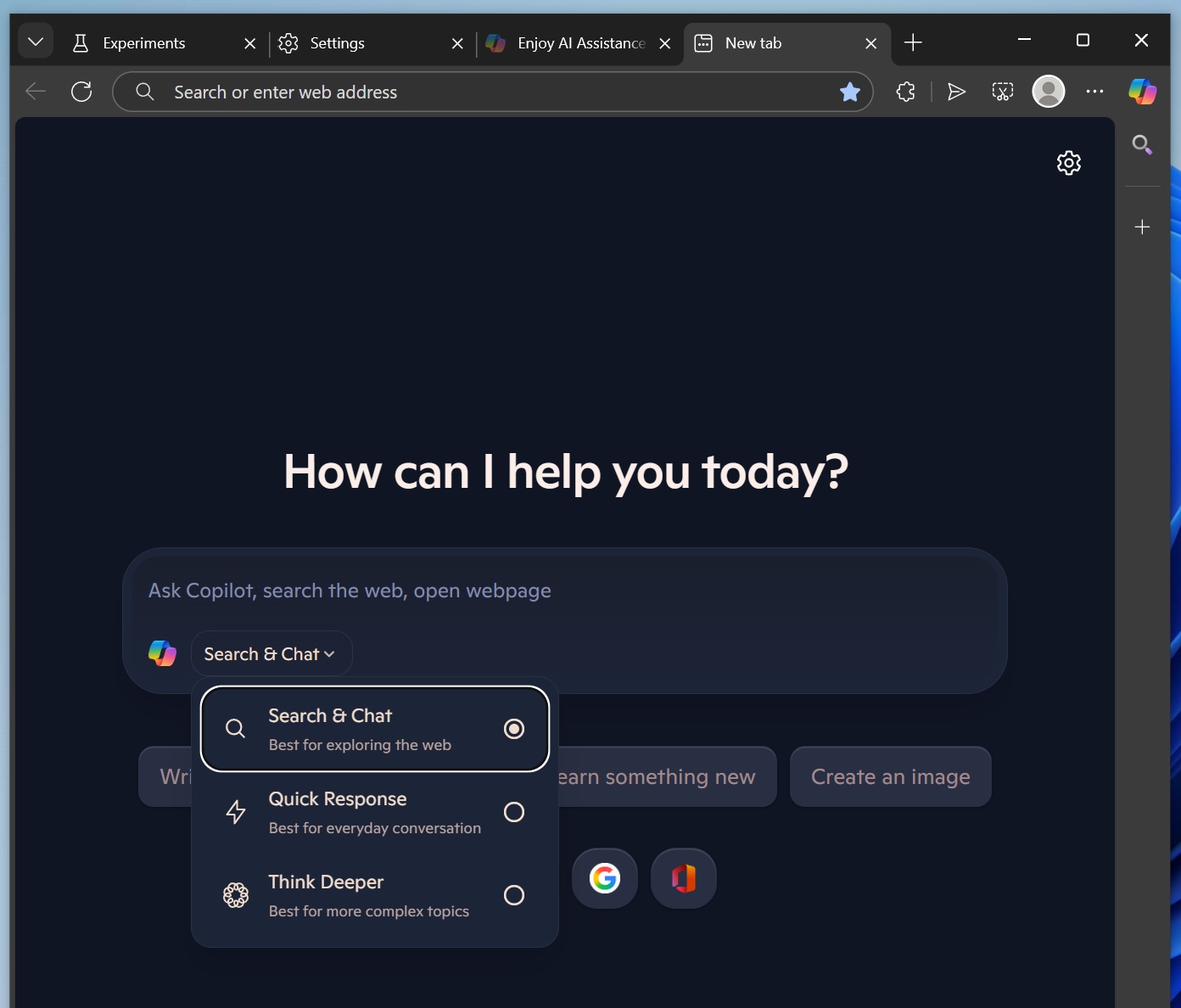Copilot on New tab page in Microsoft Edge