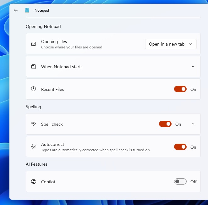 Copilot toggle in Notepad