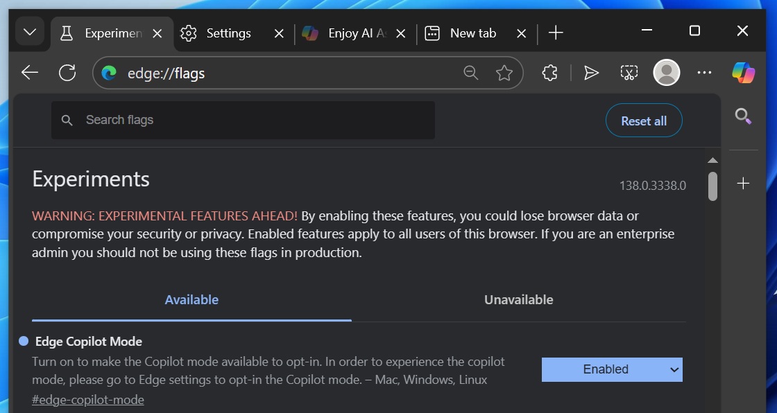 Edge Copilot Mode flag