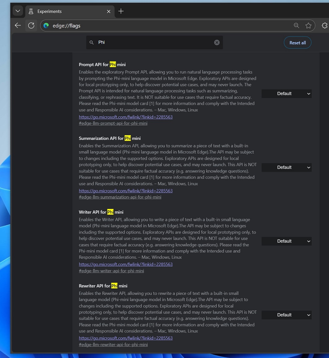 Phi-mini API in Microsoft Edge