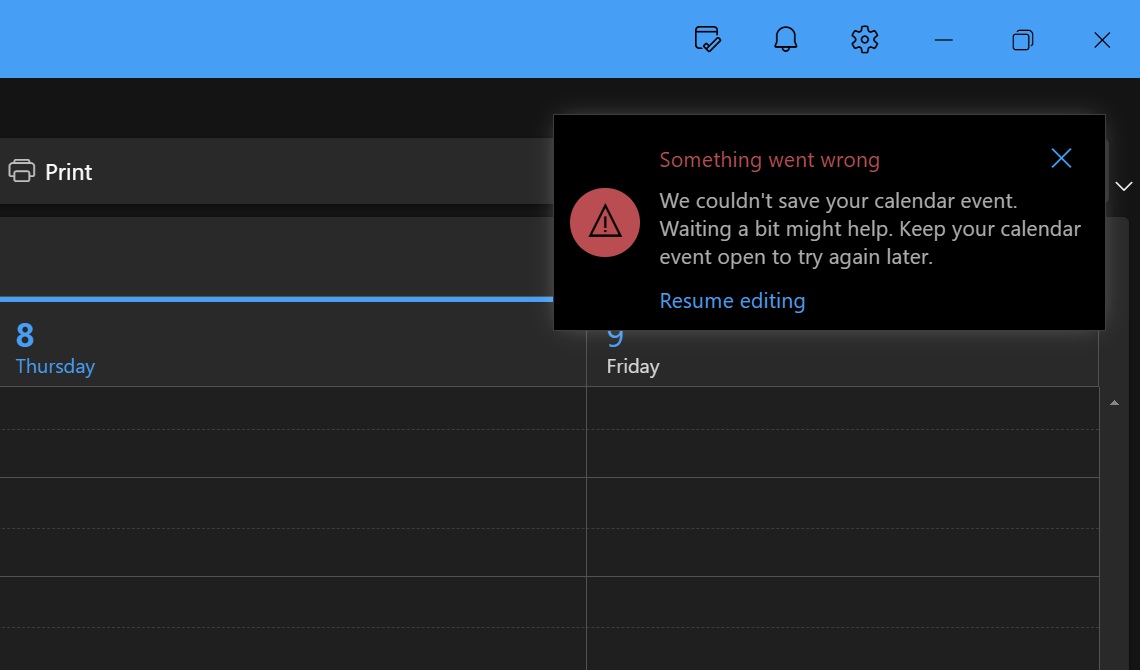 outlook calendar offline event save error