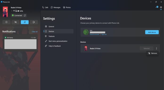 remove button in Phone link app