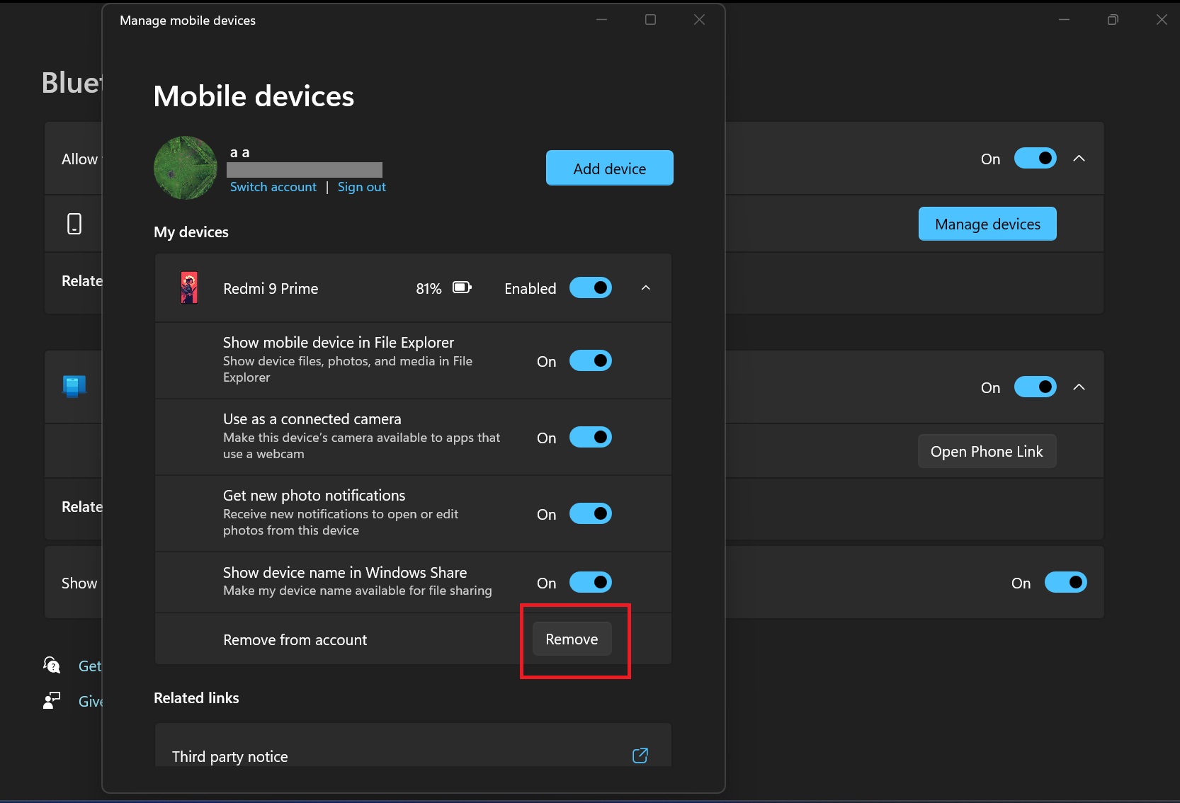 remove button in managed device section windows 11