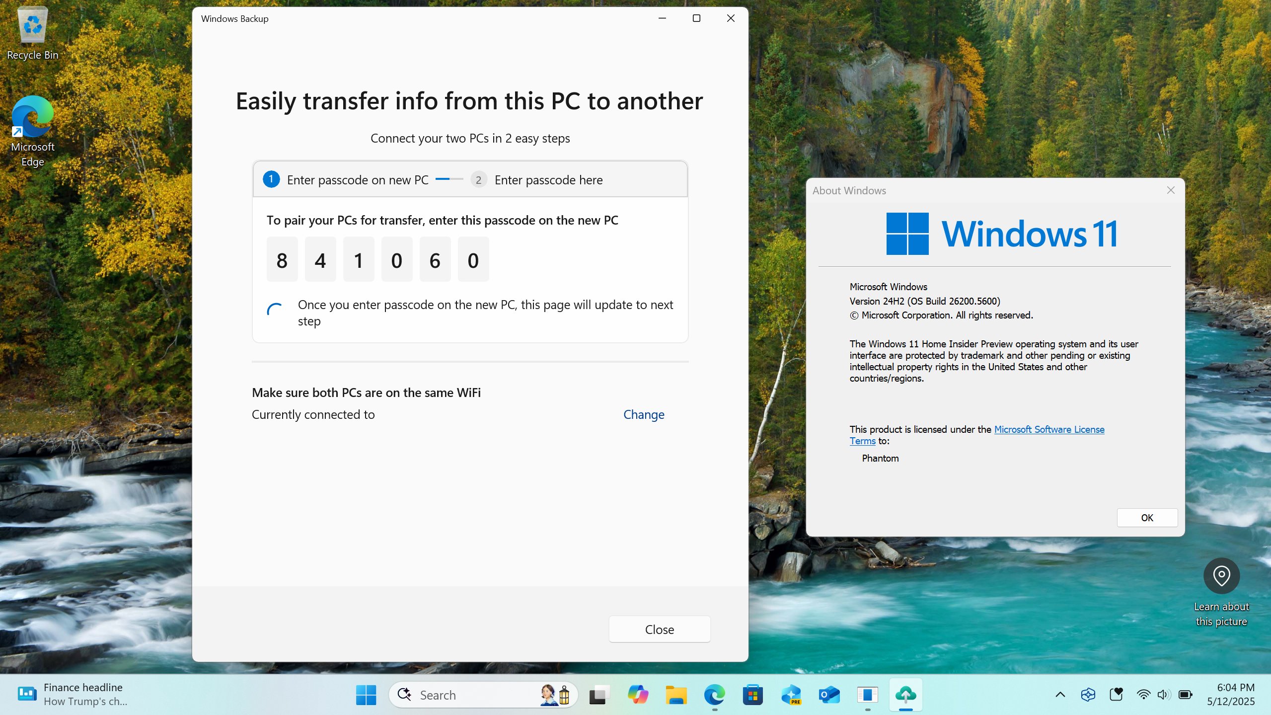 windows backup main page with two options