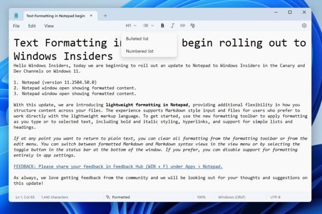 Notepad formatting bullet points on Windows 11