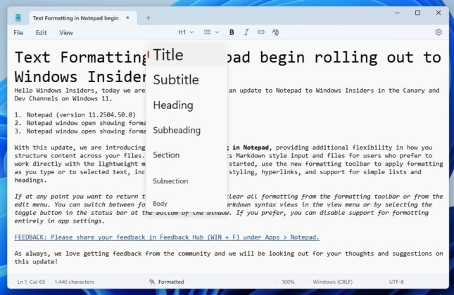 Notepad heading feature