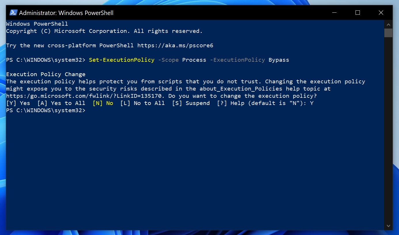 Set-ExecutionPolicy -Scope Process -ExecutionPolicy Bypass