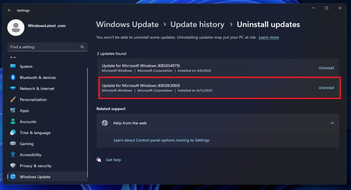 Uninstall Windows 11 KB5063060