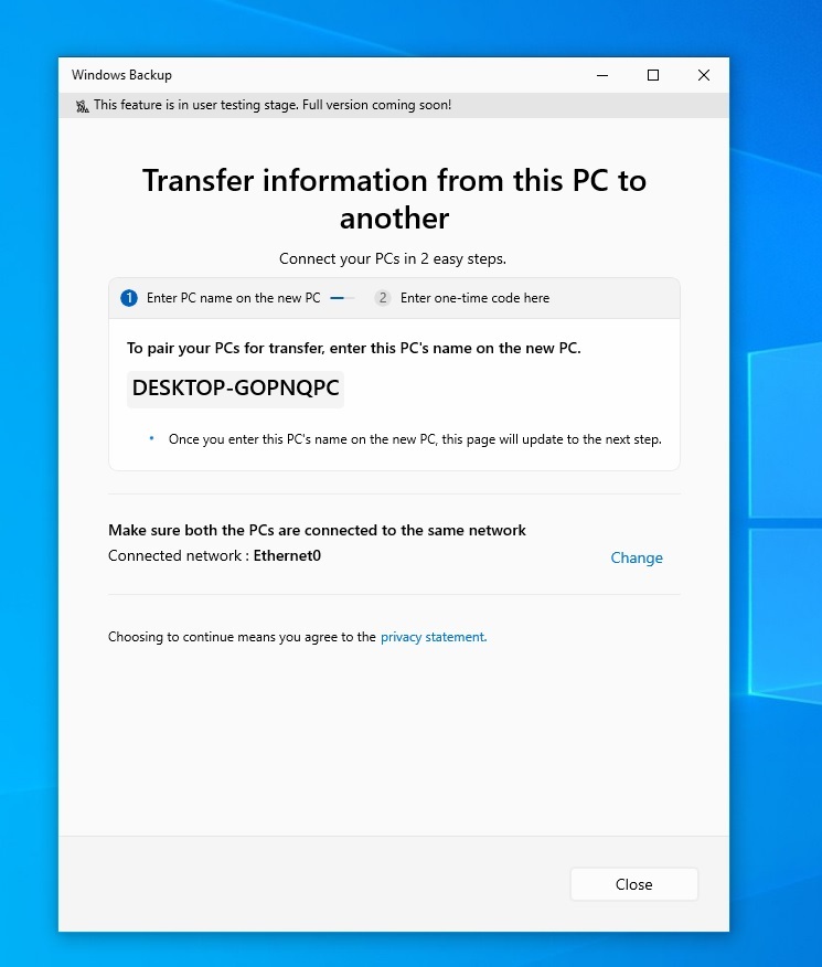 Windows 10 PC-to-PC transfer