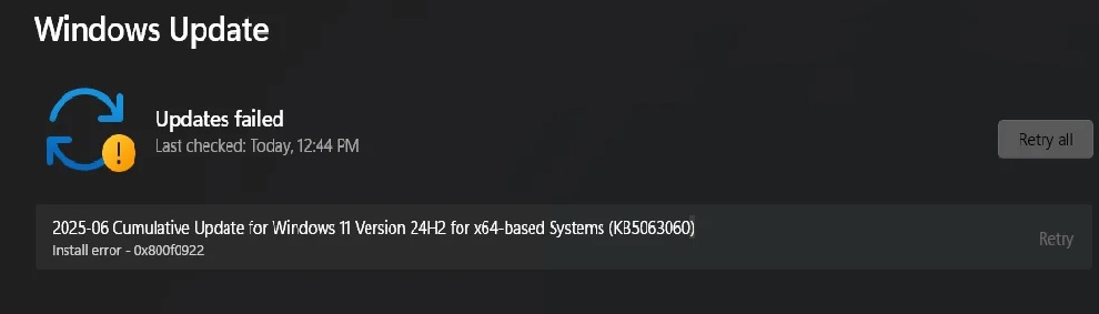 Windows 11 KB5063060 error 0x800f0922