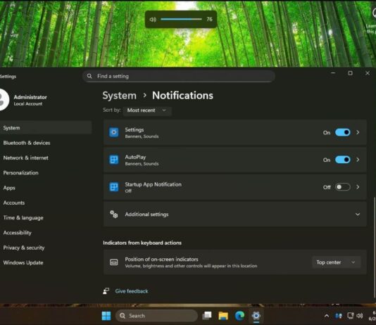Windows 11 volume indicator position