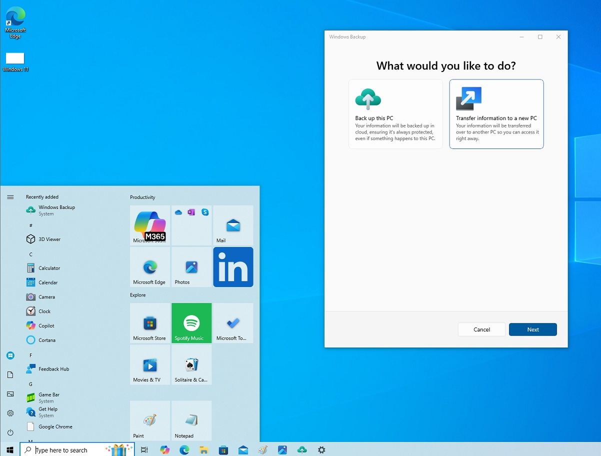 Windows Backup with file transfer to local PC