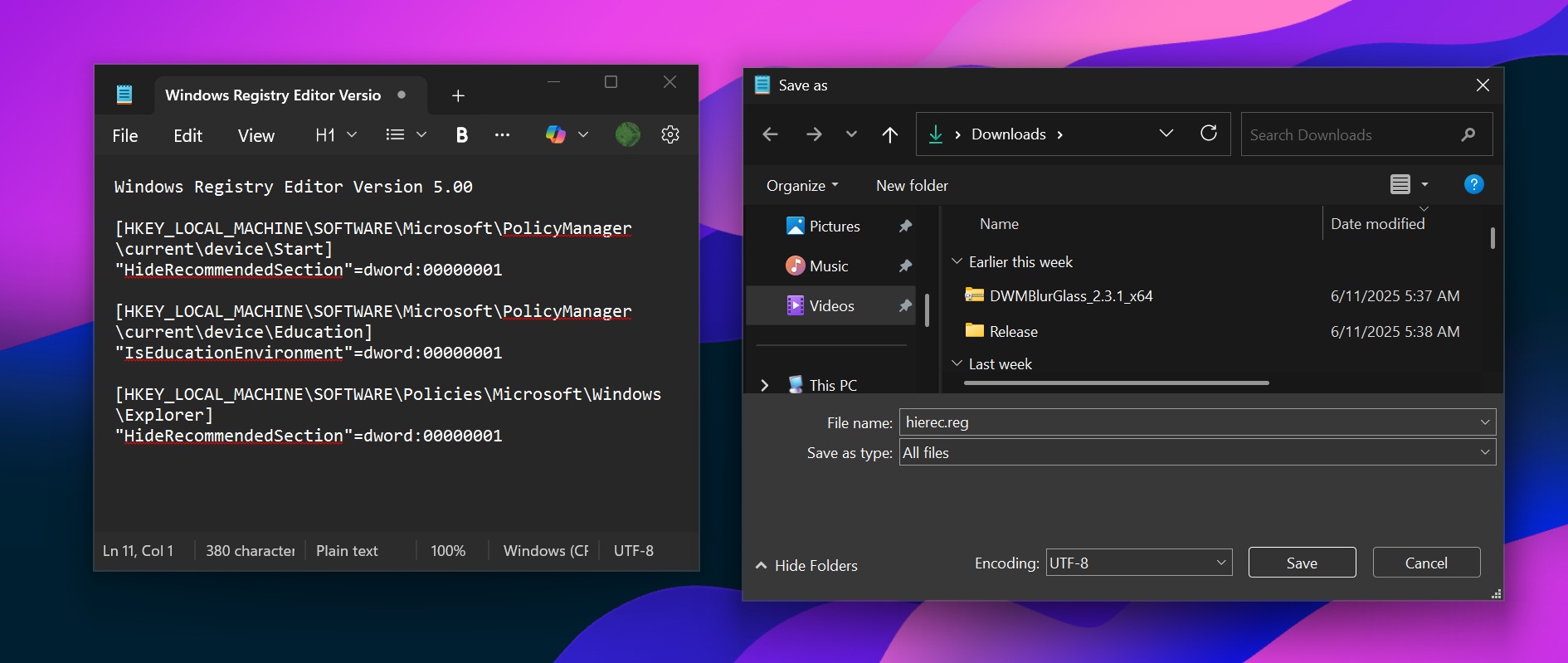 creating and saving reg file