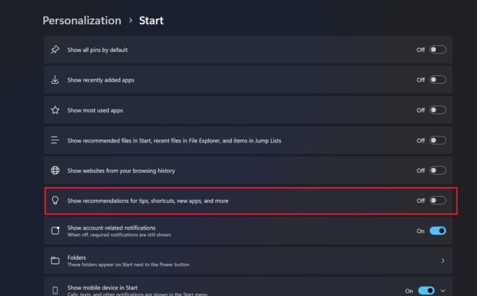 Windows 11 24H2 tests toggle to turn off Recommended feed in the Start menu