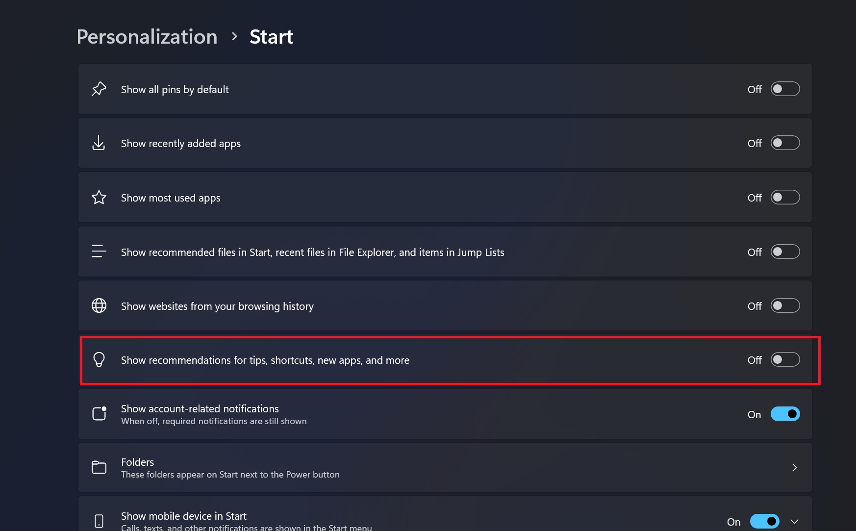 disabling recommended section start menu