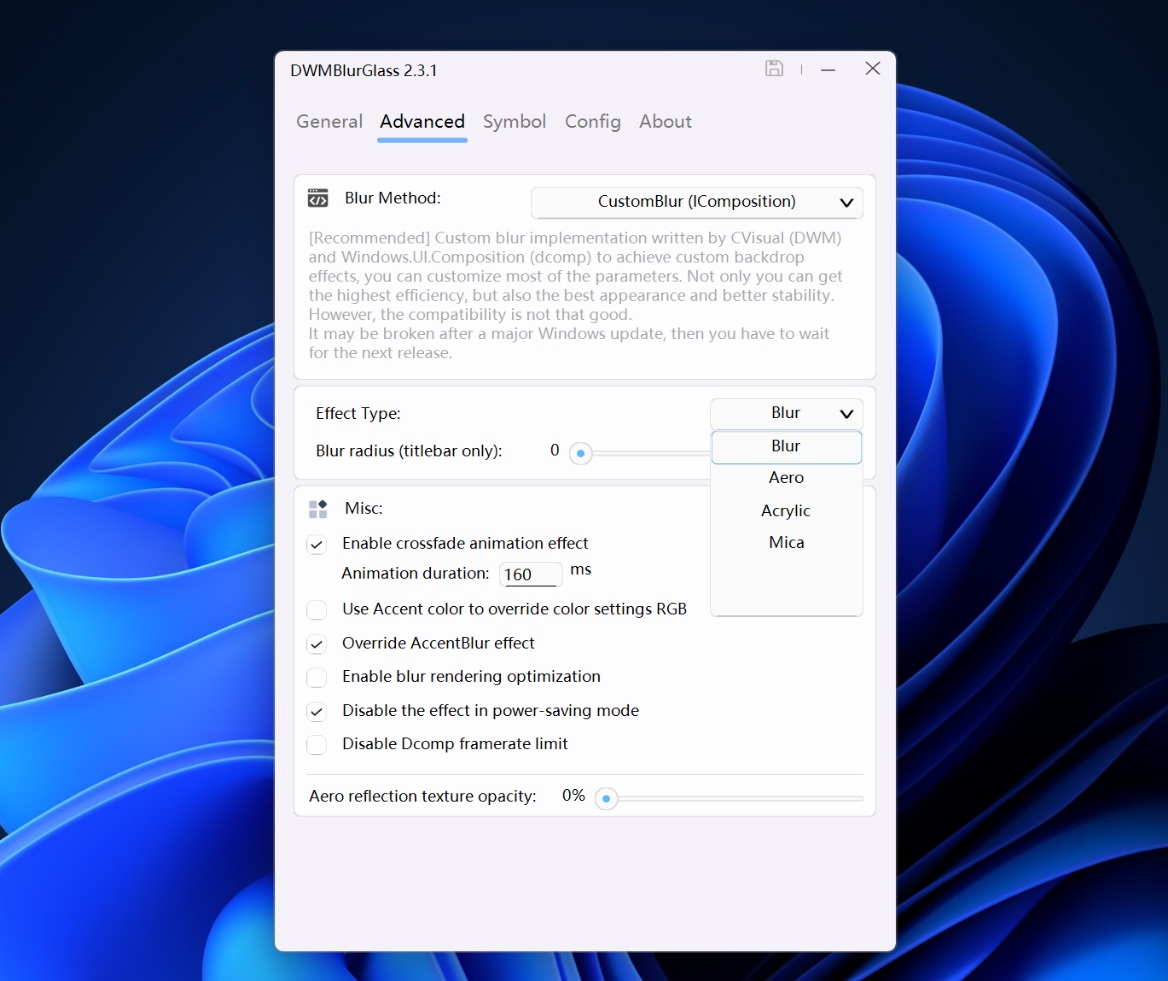 effect options in dwmglassblur