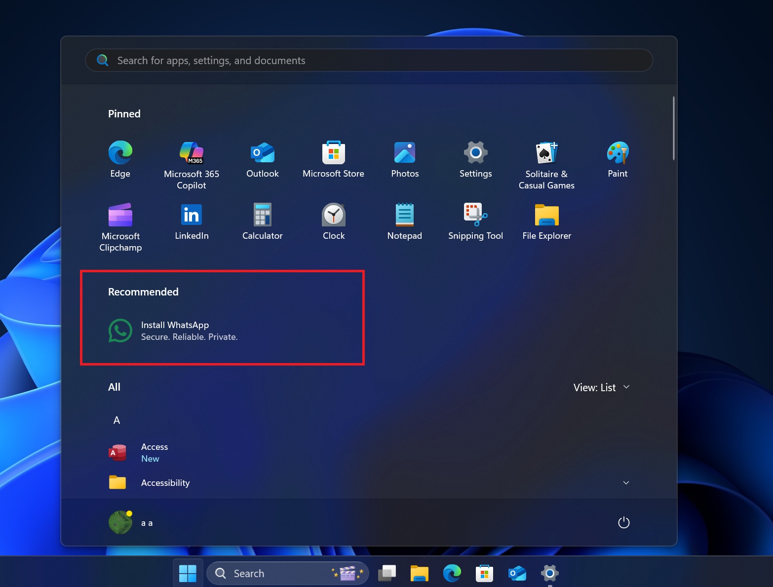 recommended section start menu
