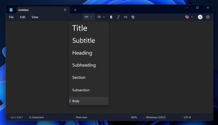 Notepad formatting feature