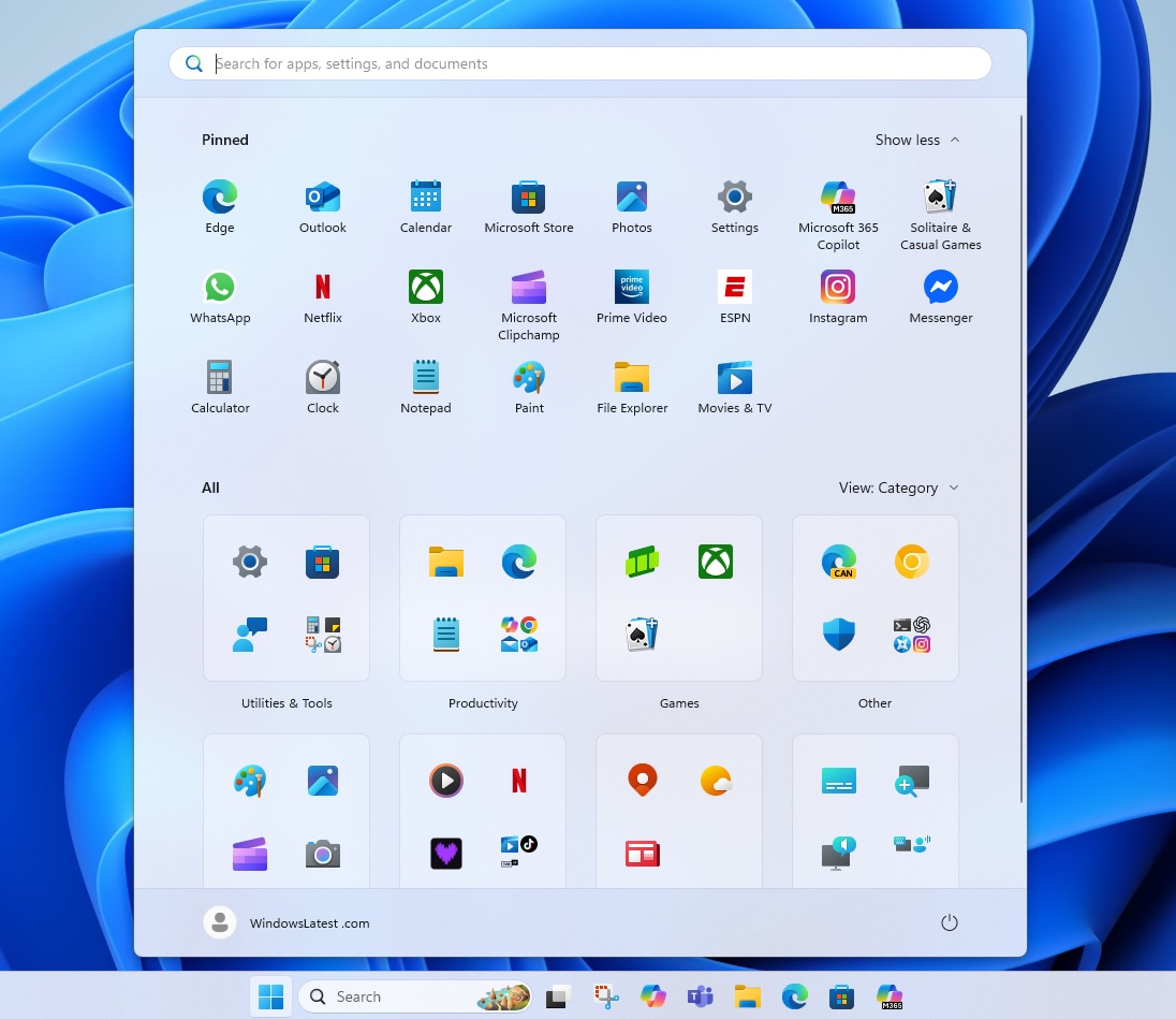 Start menu with categories