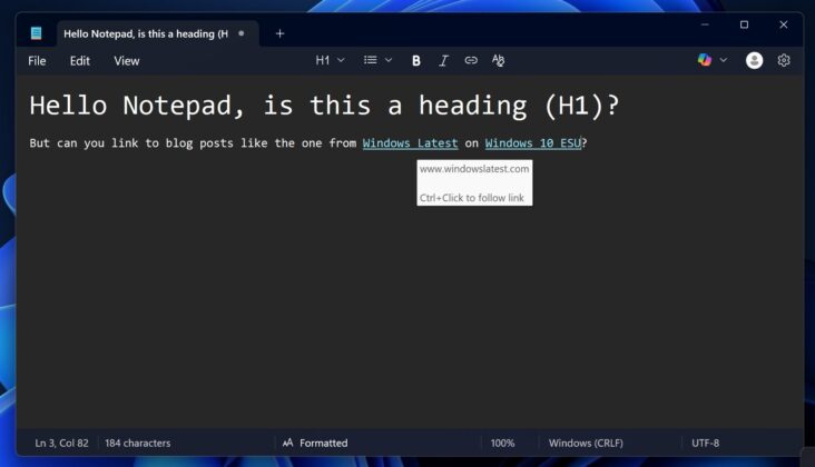 Windows 11 Notepad with link support