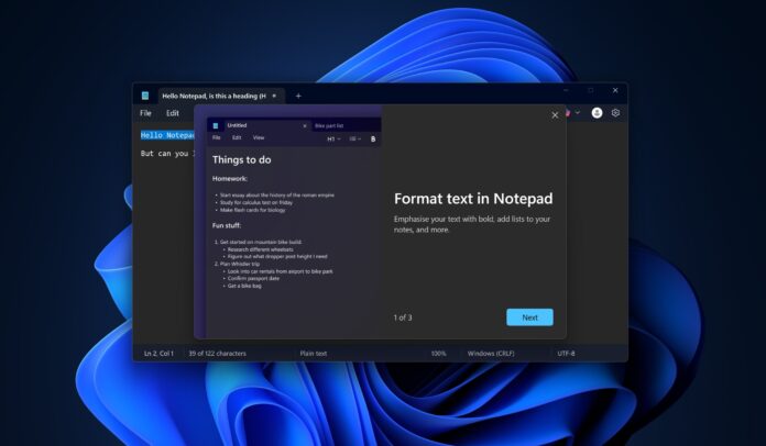 Windows Notepad on Windows 11 with format text