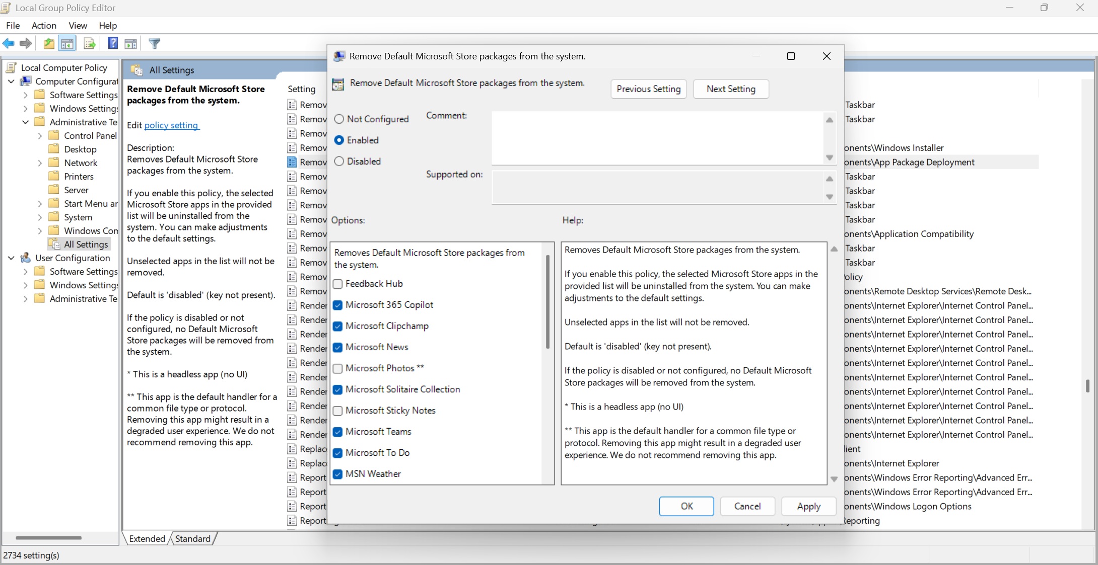 confguring Remove Default Microsoft Store packages from the system
