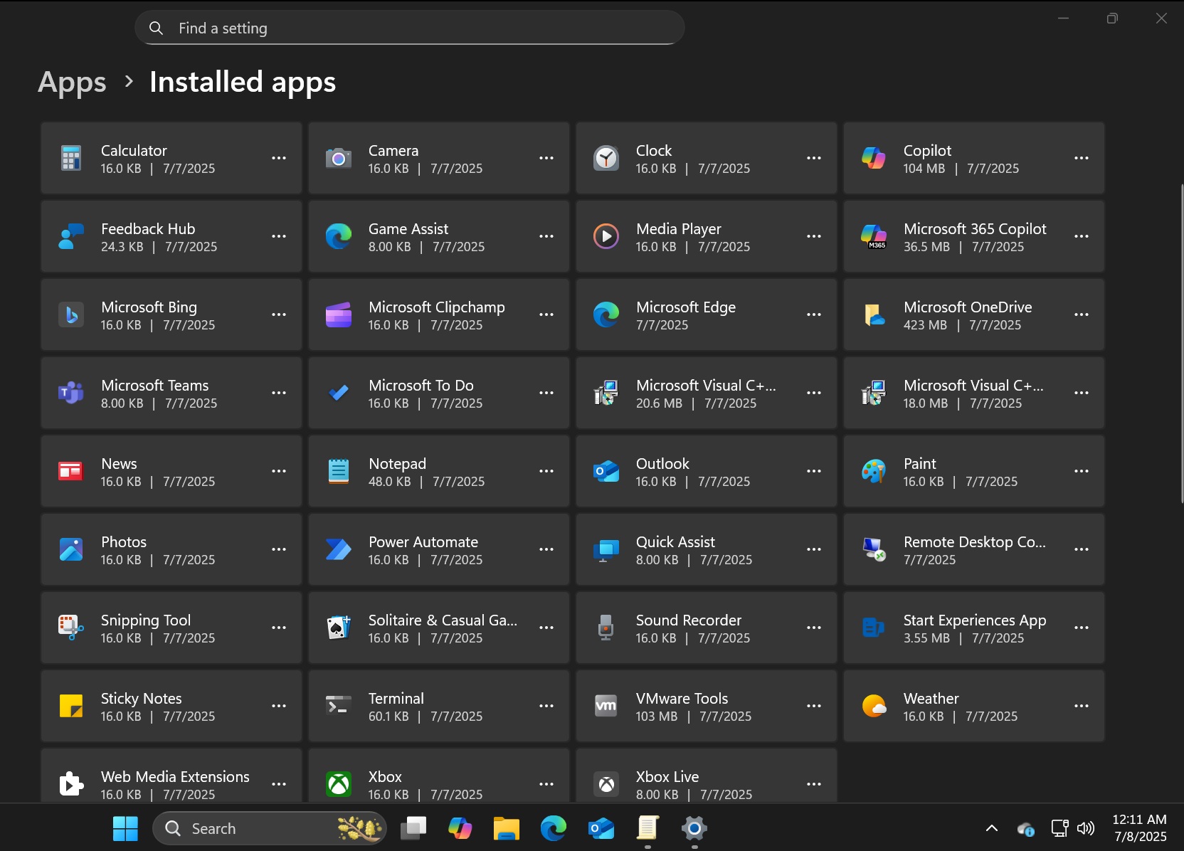 installed app list windows 11 25h2