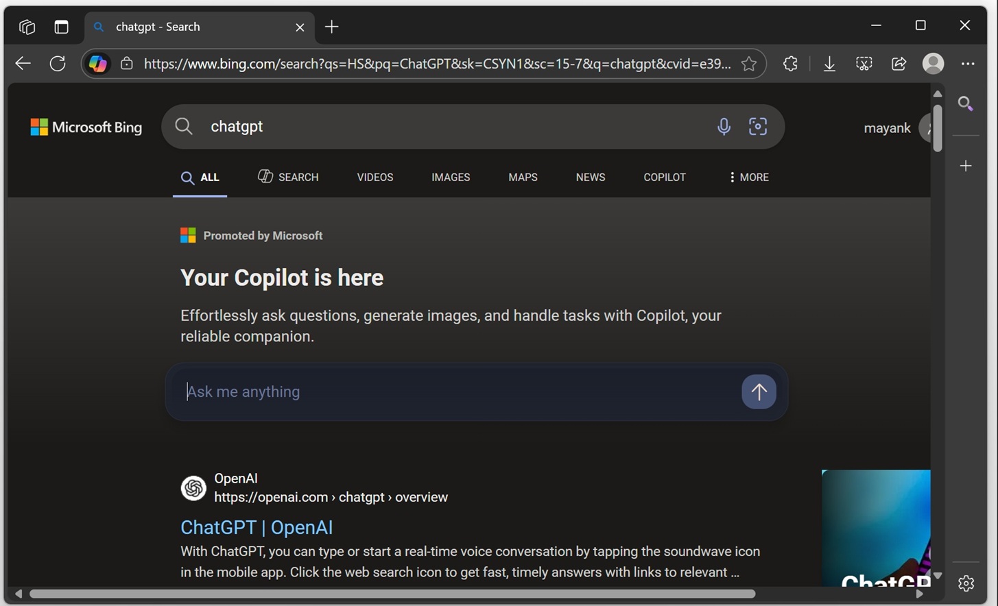 Bing promotes Copilot