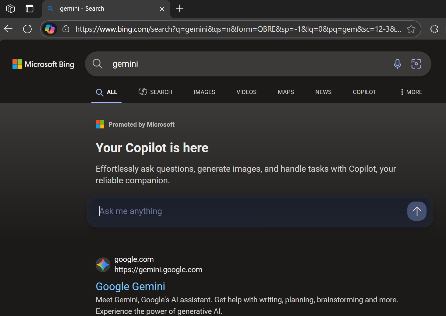 Bing promotes against Gemini