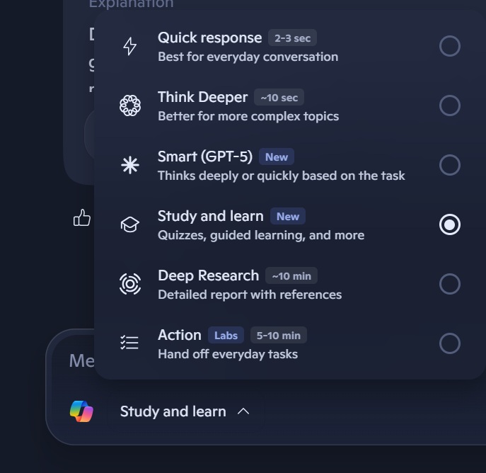 Copilot Study mode toggle