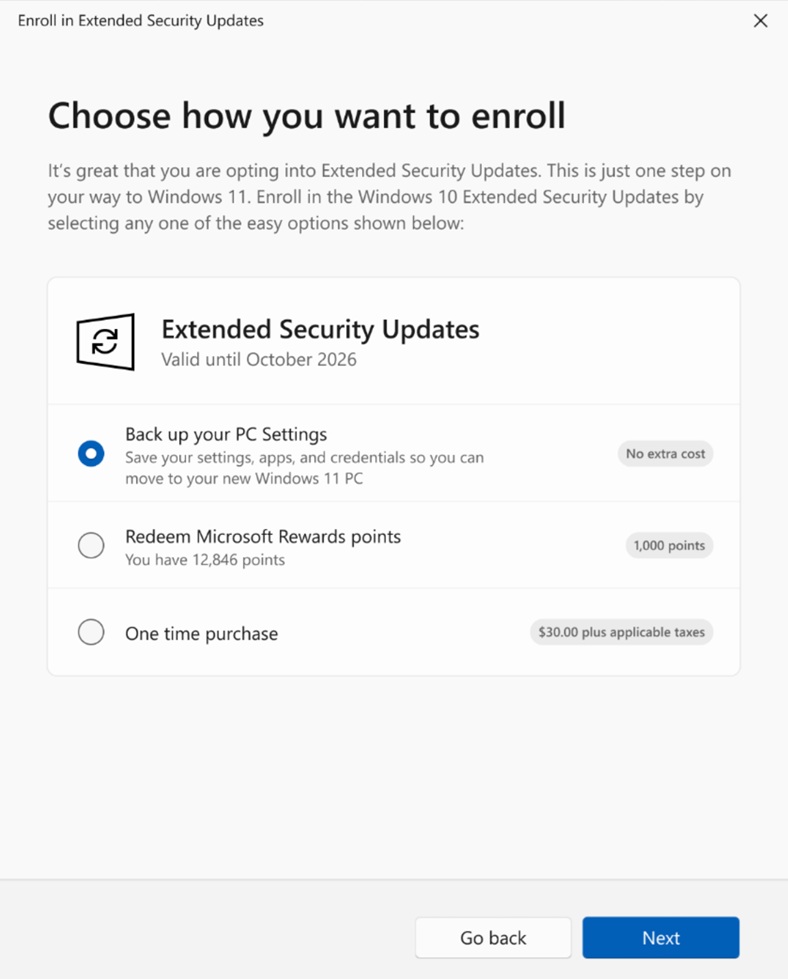Enroll Windows 10 ESU wizard