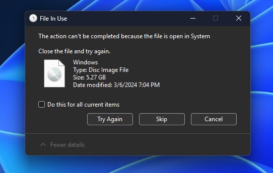 File in Use for File Explorer with dark mode