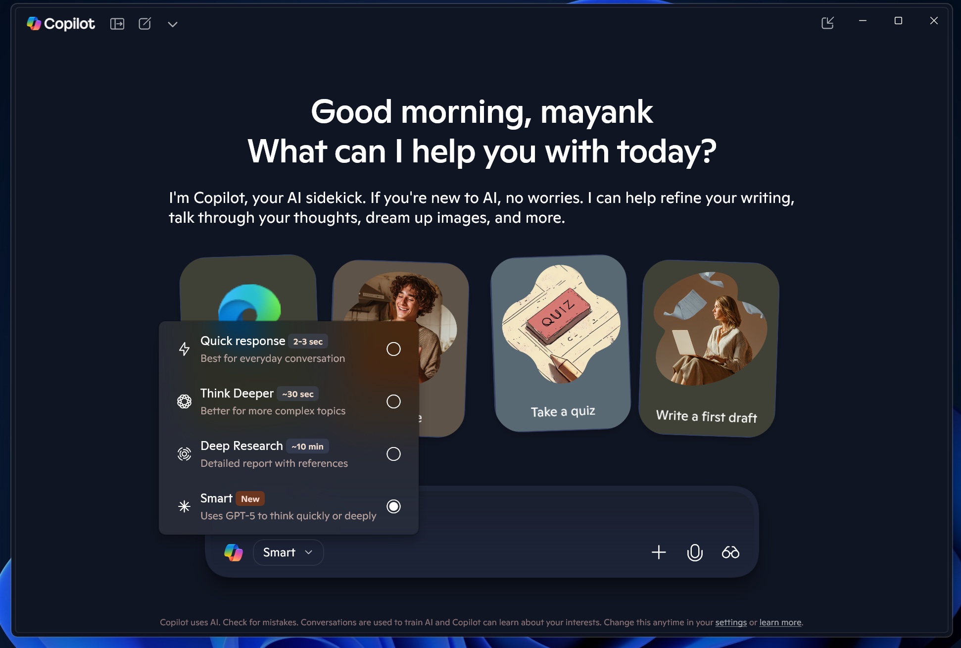 GPT-5 in Copilot Windows 11 app