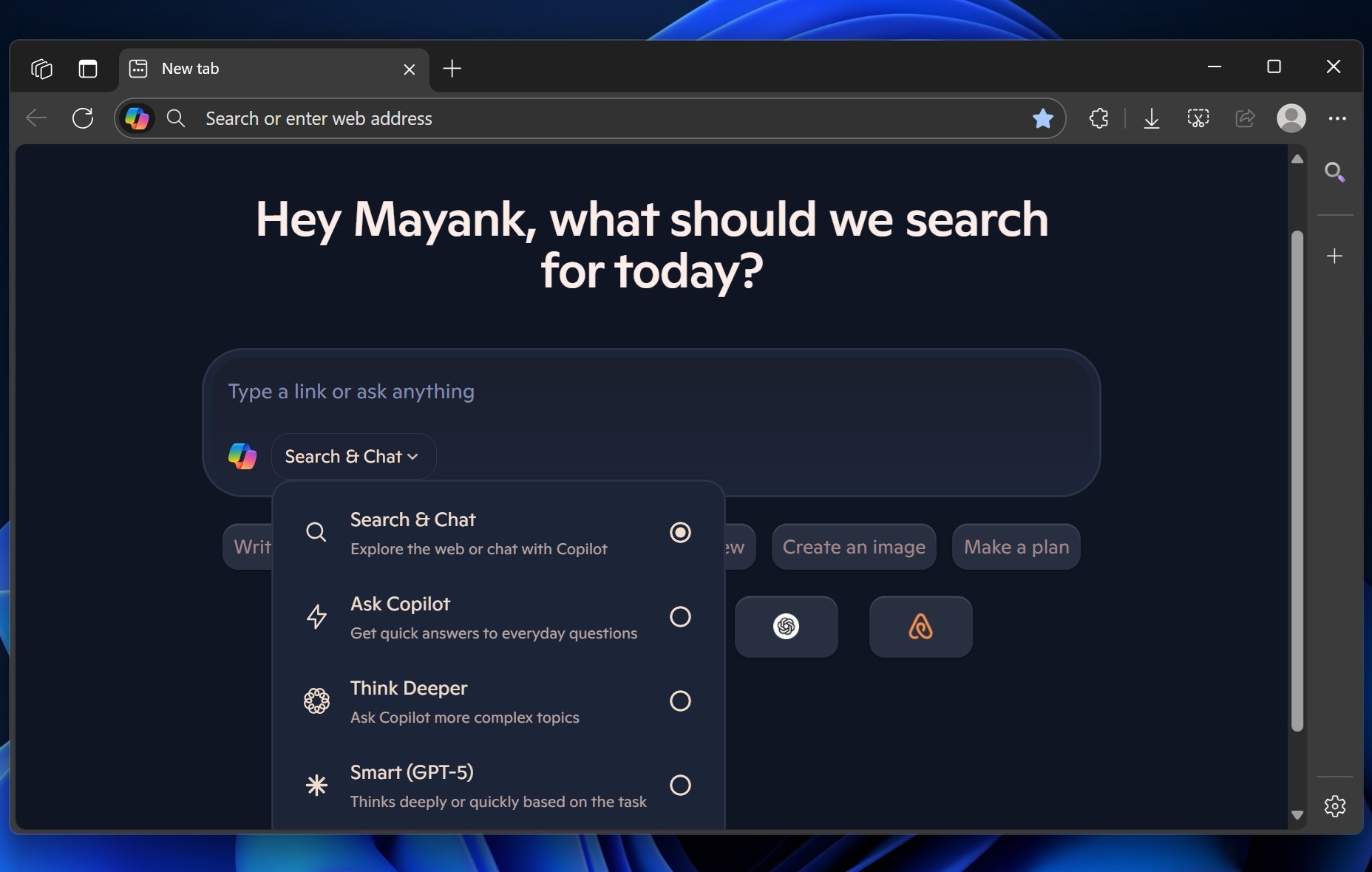 Microsoft Edge Copilot Mode UI