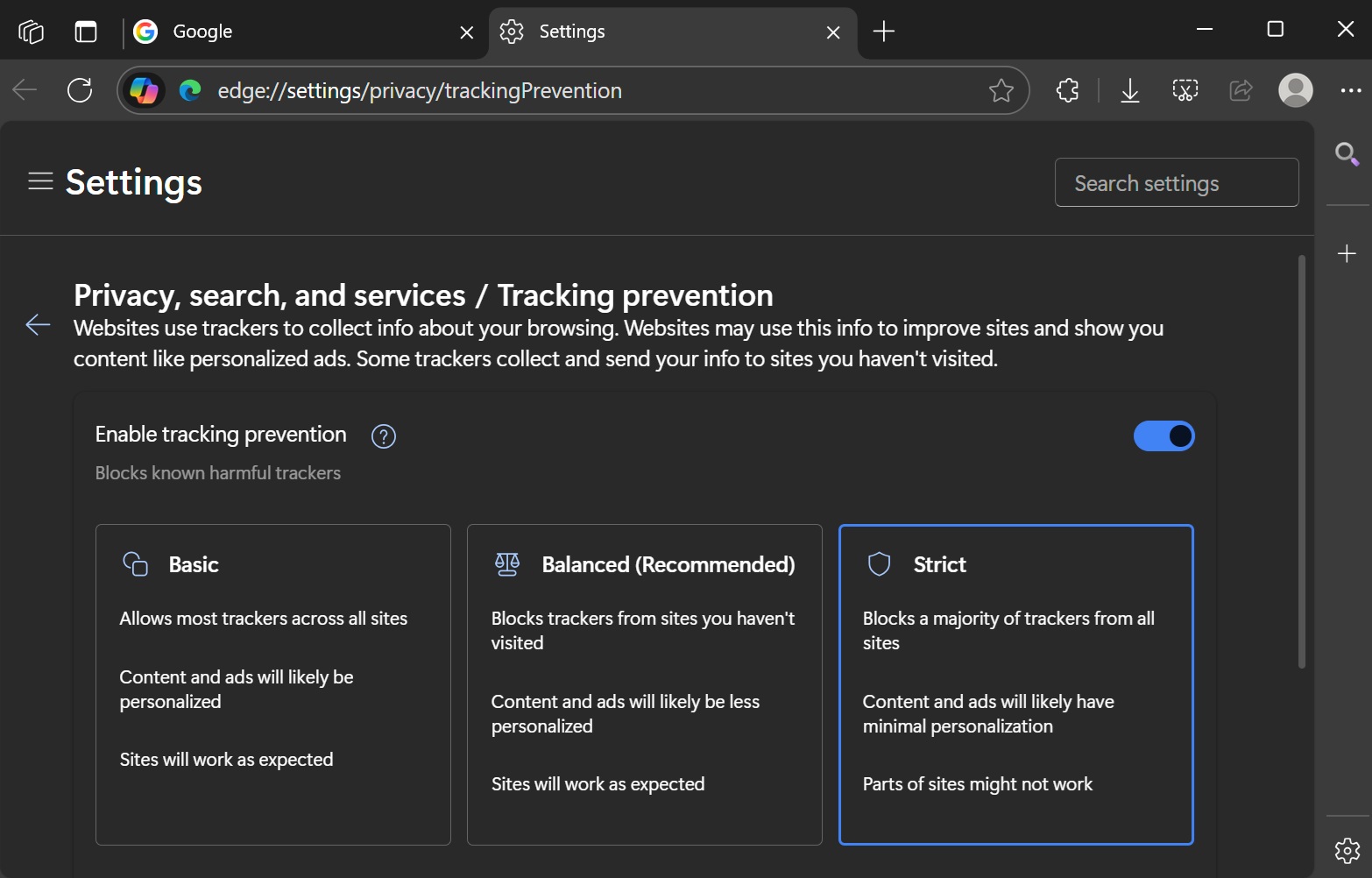 Microsoft Edge Tracking prevention feature