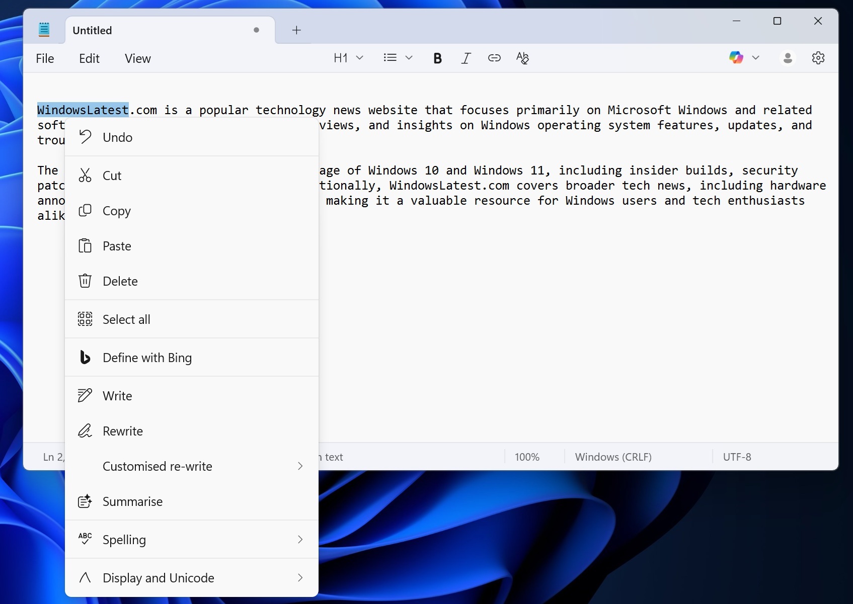 Notepad with old context menu UI
