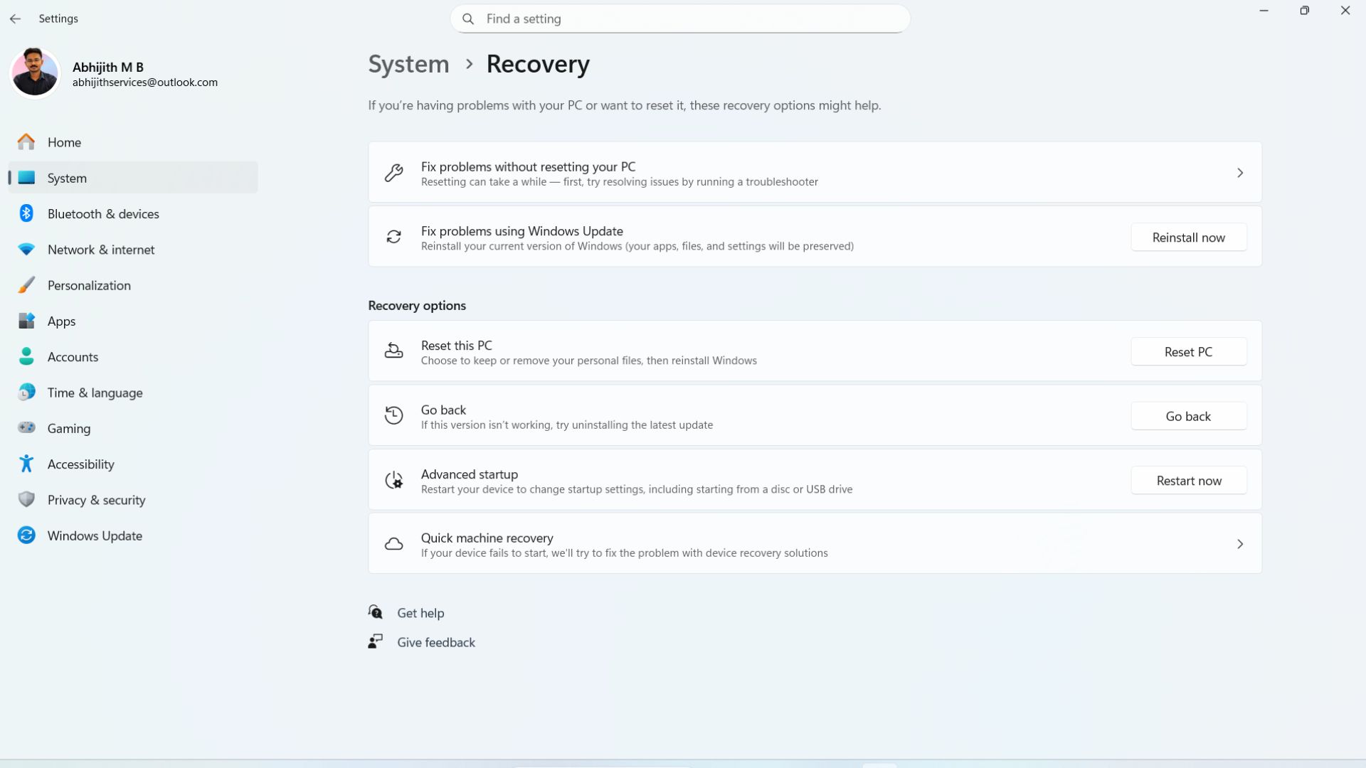Enable QMR (Quick Machine Recovery) in Windows 11