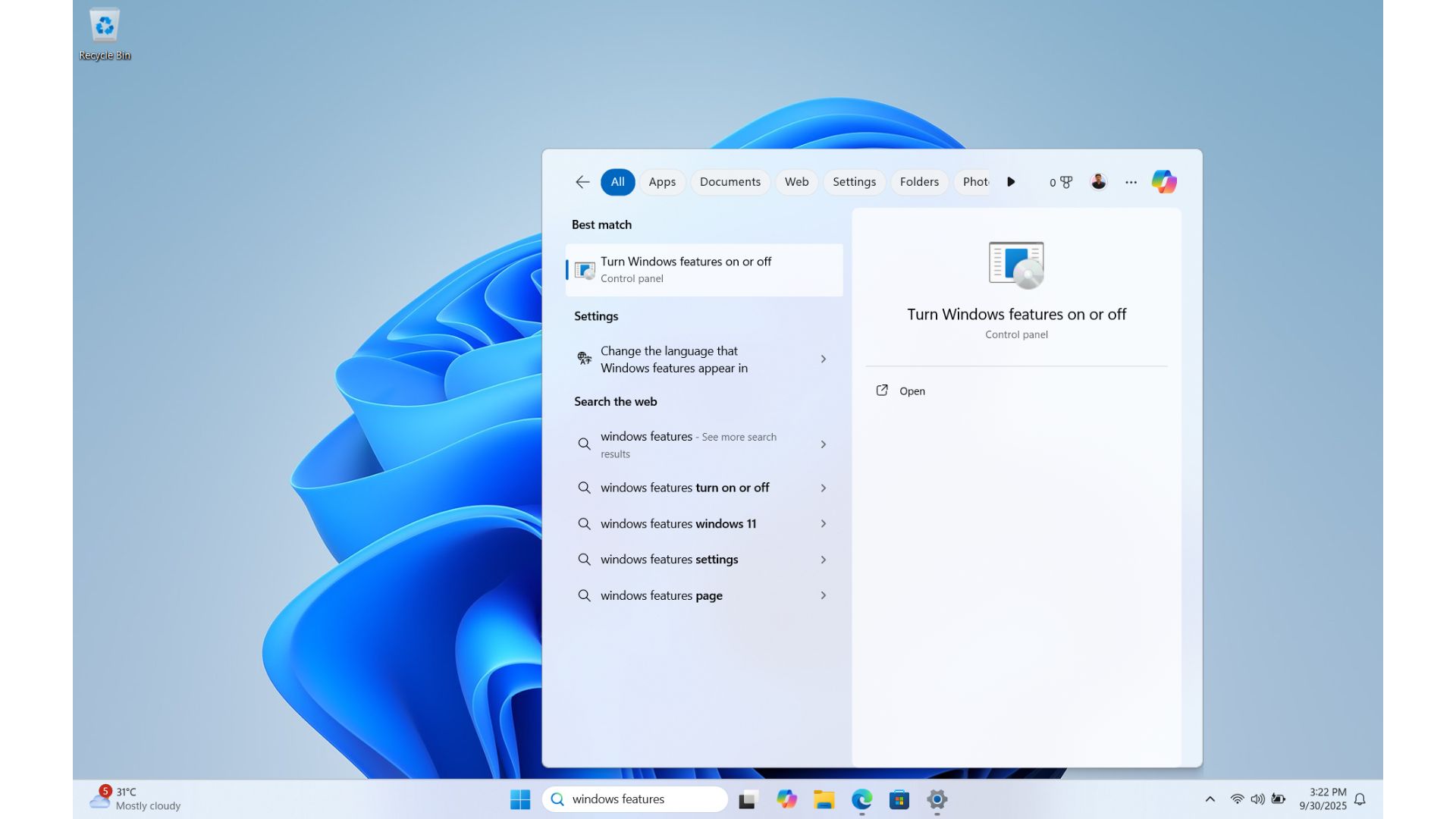 Turn Windows features on or off